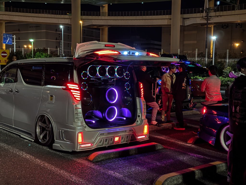 Neon lights and audio equipment display at Daikoku PA